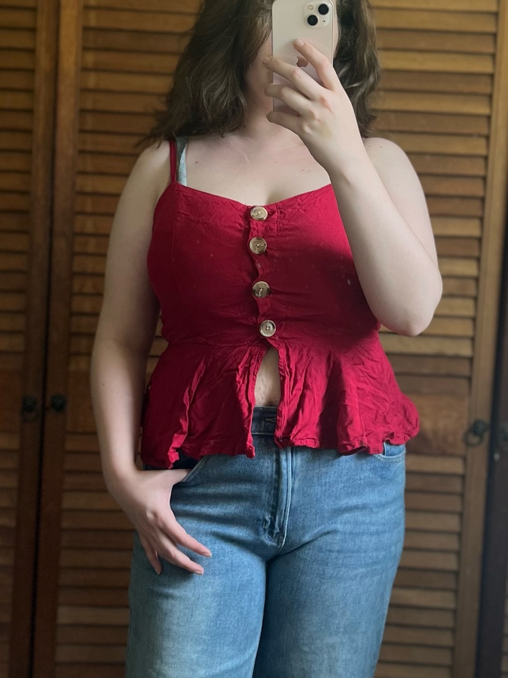 Style Envy Red Button-Front Peplum Cami